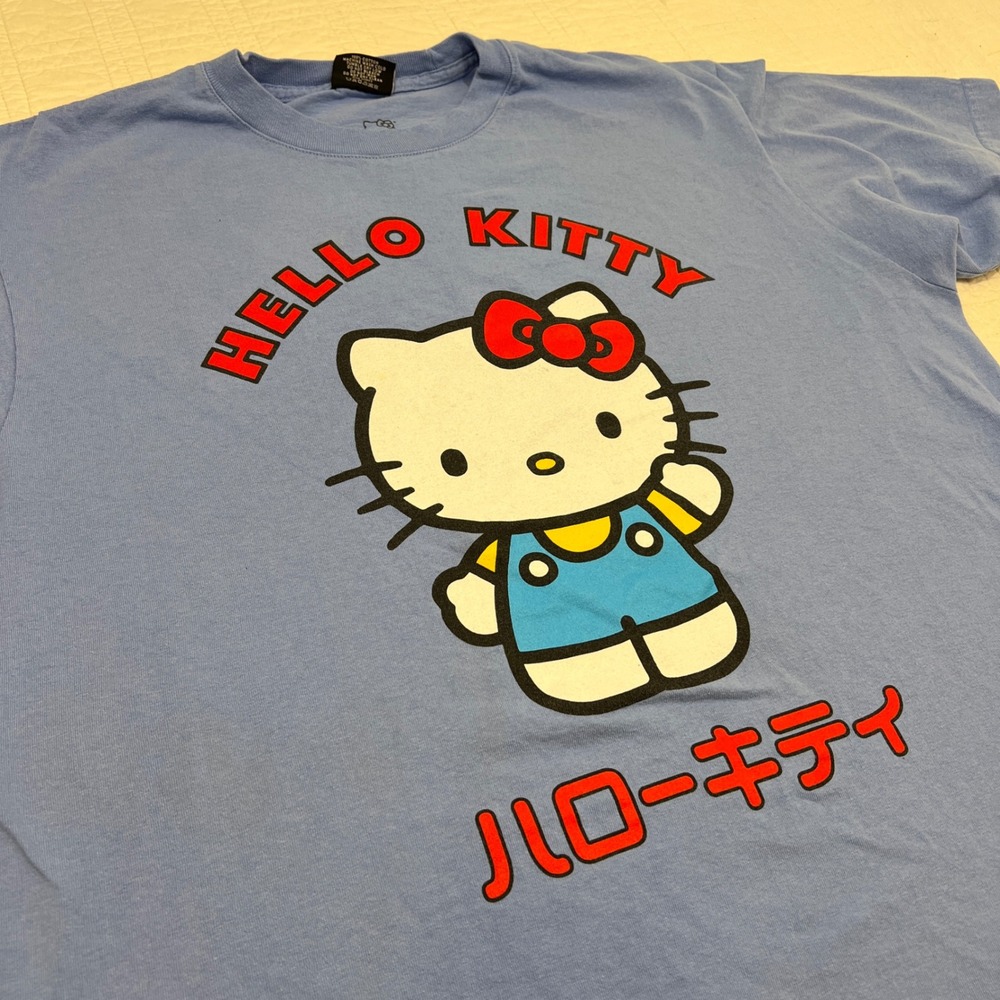 Dumbgood Hello Kitty Sanrio Blue T-Shirt Large Japanese Katakana Bioworld